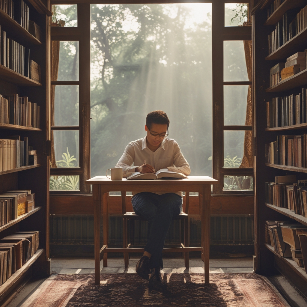 Ruang baca yang nyaman dengan rak buku penuh di latar belakang, meja kayu dengan buku terbuka dan secangkir teh, cahaya alami dari jendela samping
