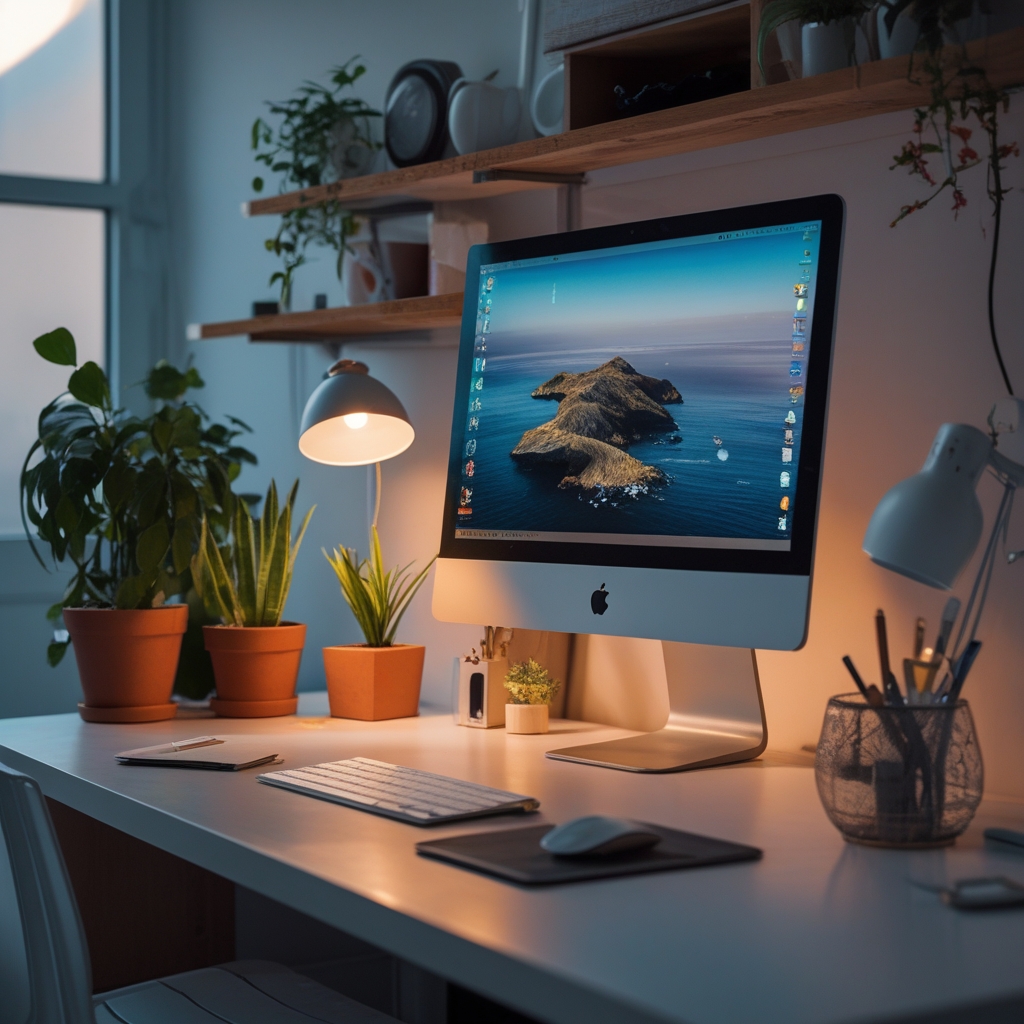 Monitor komputer modern di atas meja kerja minimalis dengan pencahayaan ambient yang lembut, keyboard dan mouse tersusun rapi, jendela di latar belakang