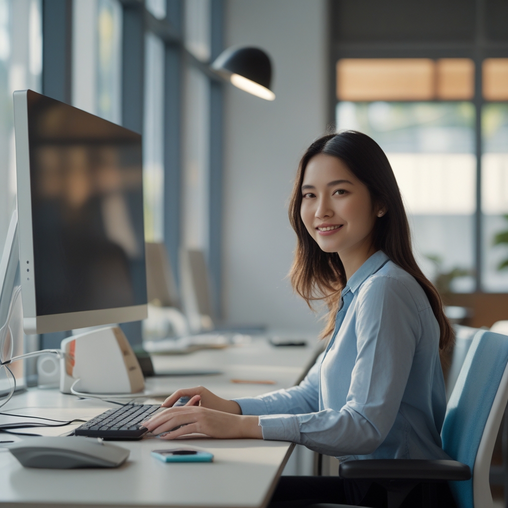 Meja kerja modern yang tertata dengan monitor di posisi yang tepat, kursi ergonomis, dan pencahayaan alami yang nyaman dari jendela di sisi kiri