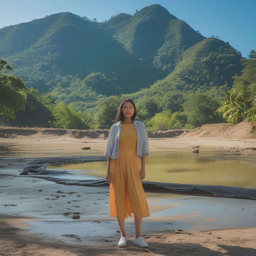 Pemandangan alam pegunungan hijau subur dengan sinar matahari lembut menembus dedaunan, suasana tenang dan menyejukkan penglihatan