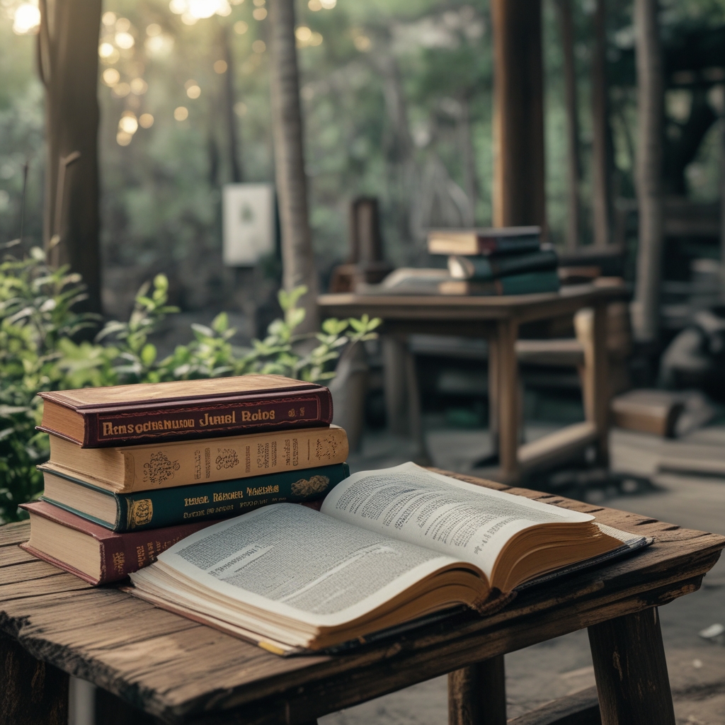 Tumpukan buku pengetahuan umum dan jurnal ilmiah terbuka di atas meja kayu dengan kacamata baca di sampingnya, suasana penelitian yang tenang