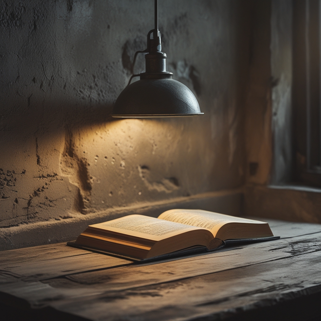 Buku tua terbuka di atas meja kayu dengan cahaya lampu meja yang hangat, menggambarkan suasana penelitian awal abad 20