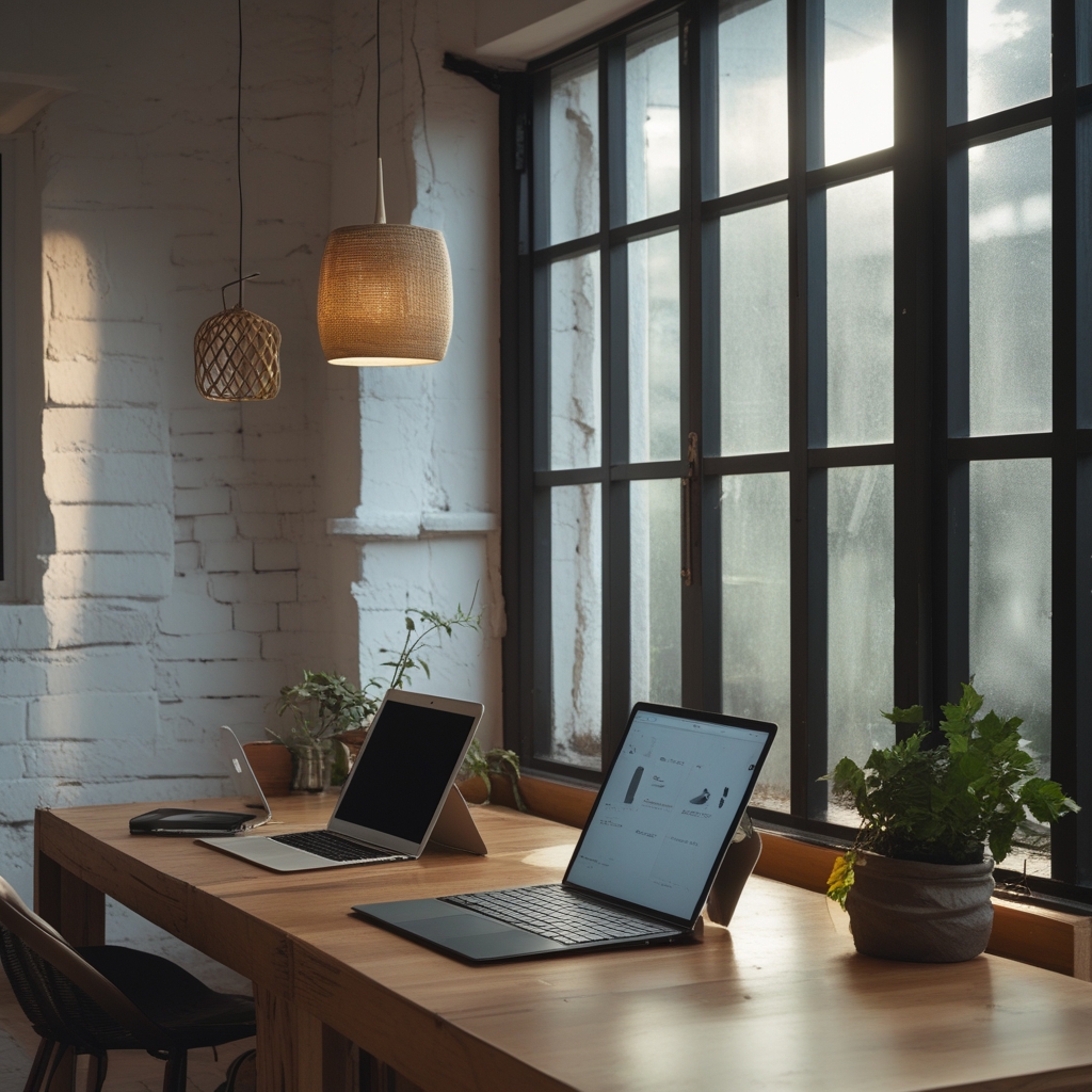 Berbagai perangkat digital modern seperti laptop, tablet, dan ponsel di atas meja dengan pencahayaan studio yang bersih dan kontemporer