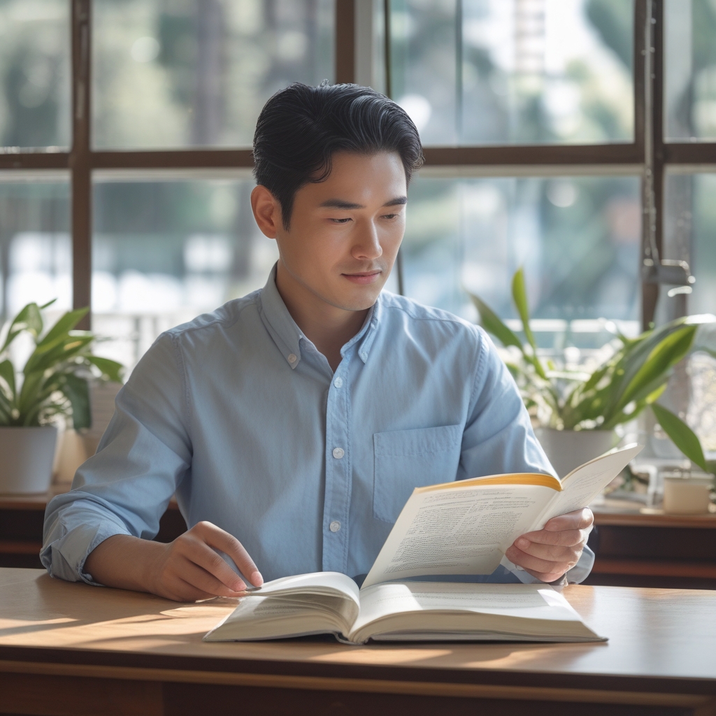 Seseorang duduk di meja kerja yang tertata rapi dengan pencahayaan alami dari jendela besar, membaca buku dengan postur yang nyaman dan rileks